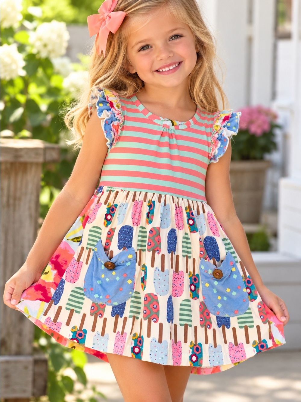 Matilda Jane Girls Size 4 Popsicle Floral Tunic Top Ruffle Striped Summer